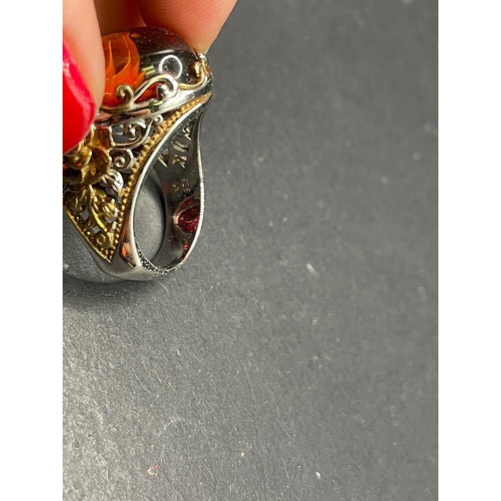 925 Sterling Silver Gold Tone Amber Carved Rose Ring Size 10 Intaglio Statement - Picture 4 of 6